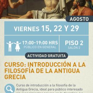 Cartel informativo mostrando un grupo de pensadores de la antigua Grecia