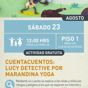 Cartel informativo mostrando a un insecto vestido de detective