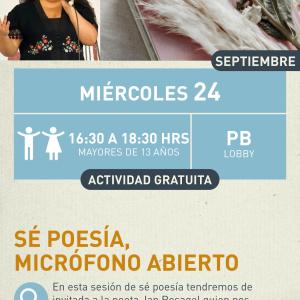 Cartel informativo mostrando una persona sosteniendo un microfono, a un lado de ella se encuentra un libro cerrado y arriba de este, una flor y unas plumas