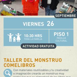 Cartel informativo mostrando al mosntruo comelibros junto a la cuenta cuentos Doris