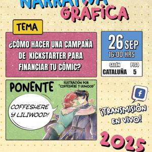 Cartel informativo mostrando un dibujo colorido de una pareja de enamorados con un estilo historieta comica