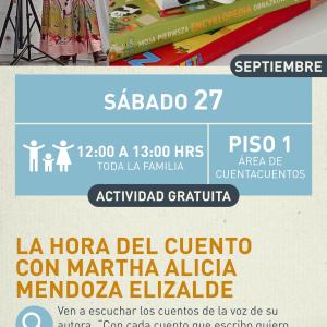 Cartel informativo mostrando mostrando a Alicia mientra esta recitando un cuento, junto a ella se encuentra una pila de libros