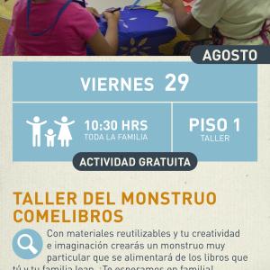 Cartel informativo mostrando a varios niños haciendo manualidades en el taller