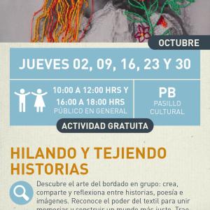 Cartel informativo mostrando un par de mujeres, una de ellas tiene hilo de bordar en lugar de cabello y la otra es adornada con flores de igualmente hilo de bordar.