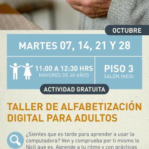Cartel informativo mostrando las manos de una persona mayor sosteniendo un celular
