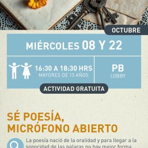Cartel informativo mostrando unas flores, un juego de llaves y un par de hojas de un libro viejo.