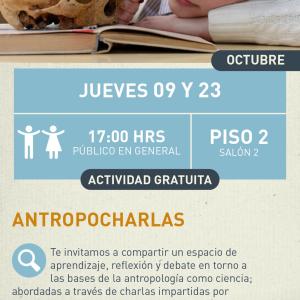 Cartel informativo mostrando una mujer usando una lupa en un craneo a modo de observación