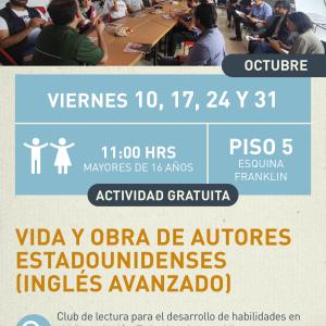 Vide y obra de autores estadounidenses (Inlgés avanzado) Cartel informativo mostrando a un grupo de personas sentadas haciendo lo que parece ser una charla