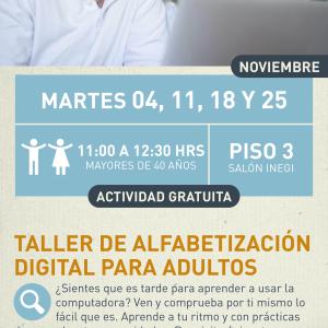 Taller de alfabetizacíon digital para adultos Cartel informativo mostrando a dos adultos detras de una pantalla de computadora