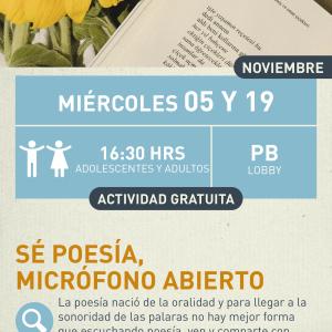 Sé poesía, micrófono abierto Cartel informativo mostrando varios girasoles adornando un libro de texto