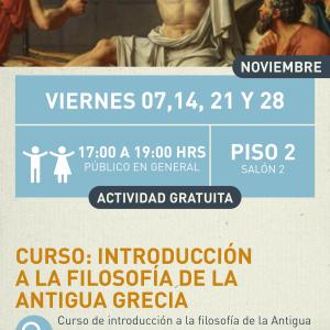 Curso: Introducción a la filosofía de la antigua Grecia Cartel informativo mostrando a un filosofo de la antigua Grecia