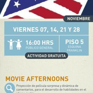 Movie afternoons  Cartel informativo mostrando la bandera de los Estados Unidos