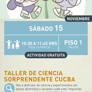 Taller de ciencia sorprendente CUCBA Cartel informativo mostrando dos dibujos de animales usando batas de laboratorio
