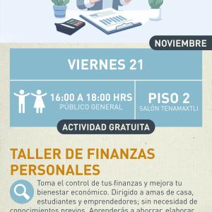 Taller de finanzas personales Cartel informativo mostrando el dibujo de un a chica realizando una administracion organizada de su dinero