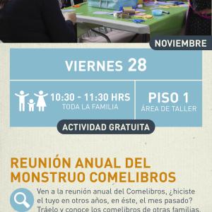 Reunión anual del monstruo comelibros Cartel informativo mostrando un grupo de niños haciendo manualidades