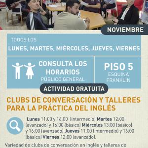 Clubes de conversación y talleres para la práctica del inlgés Cartel informativo mostrando un grupo de personas sentados en un curso