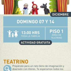 Cartel informativo mostrando tres marionetas del cuento de caperucita roja