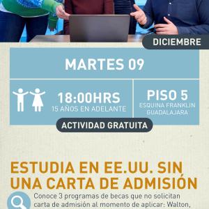 Cartel informativo mostrando a varias personas estudiando enfrente de una computadora.