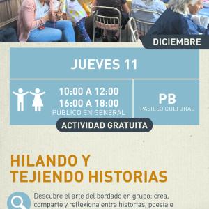 Cartel informativo mostrando un par de mujeres, una de ellas tiene hilo de bordar en lugar de cabello y la otra es adornada con flores de igualmente hilo de bordar.