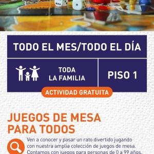 Cartel informativo mostrando varias piezas coloridas de juegos de mesa