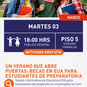 Cartel informativo mostrando un grupo de estudiantes con cosas de la patria estadounidense de fondo