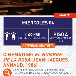 Cartel informativo mostrando parte de una película, un habitación llena de libros y un monje parado frente a una señora