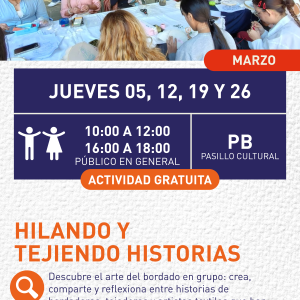 Cartel informativo mostrando un grupo de personas haciendo tejidos, todos sentados en una mesa larga