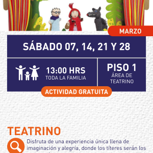 Cartel informativo mostrando un escenario donde hay 3 marionetas, las cuales son personajes del cuento de caperucita roja