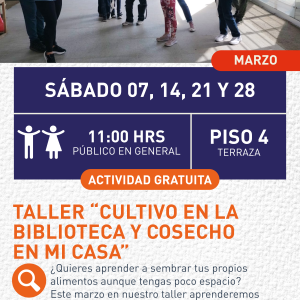 Cartel informativo mostrando un grupo de personas en la terraza de la biblioteca