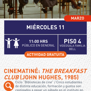 Cartel informativo mostrando un grupo de personas esperando sentadas, personajes de la pelicula