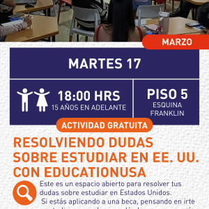 Cartel informativo mostrando un grupo de personas dentro de un salon de clases, todos mirando a la pantalla que tiene en frente del salon