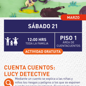 Cartel informativo mostrando a Lucy la detective, personaje de un cuento infantil