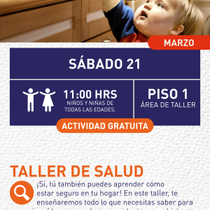 Cartel informativo mostrando un niño tratando de alcanzar un sartén que esta en la cocina