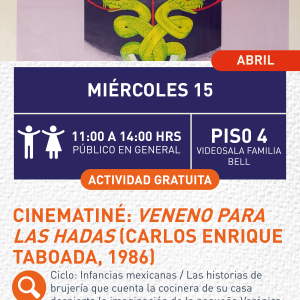 Cartel informativo mostrando un cuadro con dos caras unidas a un mismo ojo con dos serpientes debajo de ellas.