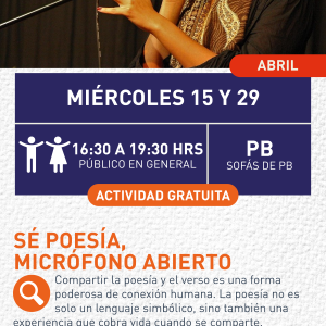 Cartel informativo mostrando una persona sosteniendo con su mano un micrófono 