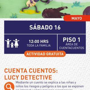 Cartel informativo mostrando a Lucy la detective, personaje de un cuento infantil