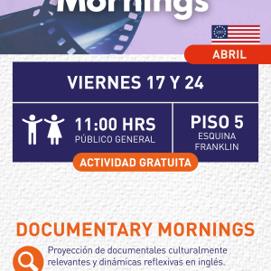 Cartel informativo mostrando una un rollo de pelicula con el titulo del evento adornado con banderas de EEUU