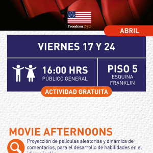 Cartel informativo mostrando una sala de cine roja