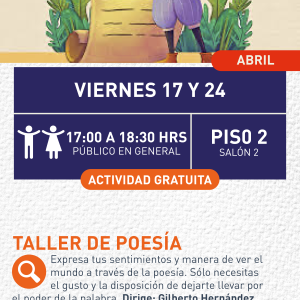 Cartel informativo mostrando el dibujo de un poeta escribiendo en una hoja enorme mientras este mismo sostiene una pluma y libro.