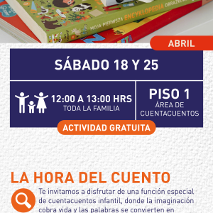 Cartel informativo mostrando una pila de libros infantiles