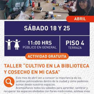 Cartel informativo mostrando un grupo de personas sentadas en una mesa grande realizando manualidades en la terraza de la biblioteca.