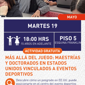 Cartel informativo mostrando un grupo de personas sentadas en un salón de clases