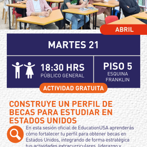 Cartel informativo mostrando un grupo de jovenes sentados en escritorios pequeños tomando una clase de inlges