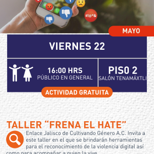 Cartel informativo mostrando un celular con muchos emojis de odio