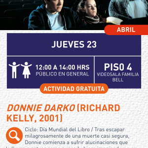 Cartel informativo mostrando a tres personas sentadas en una sala de cine, una de ellas viste un disfraz de conejo terrorífico