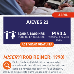 Cartel informativo mostrando a dos actores en su escena, uno de ellos acostado en una cama escuchando un relato del segundo personaje