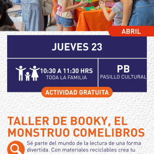 Cartel informativo mostrando a niños y adultos haciendo manualidades en el pasillo cultural de la biblioteca publica 