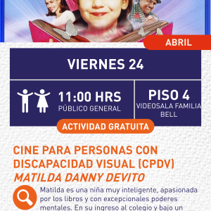 Cartel informativo mostrando el poster de la pelicula de Matilda, donde salen los personajes detrás de un libro