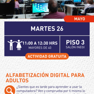 Cartel informativo mostrando a varias personas usando una sala de computadoras