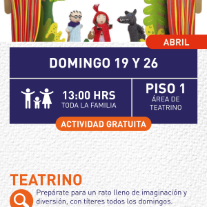 Cartel informativo mostrando un escenario donde hay 3 marionetas, las cuales son personajes del cuento de caperucita roja